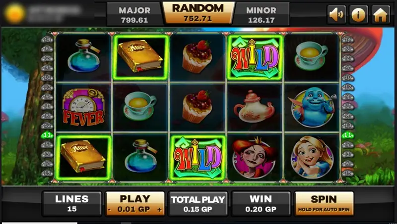 Alice reels with two glowing WILD tiles, a FEVER clock on reel 1, books and potions highlighted in green for a line win of 0.20 GP