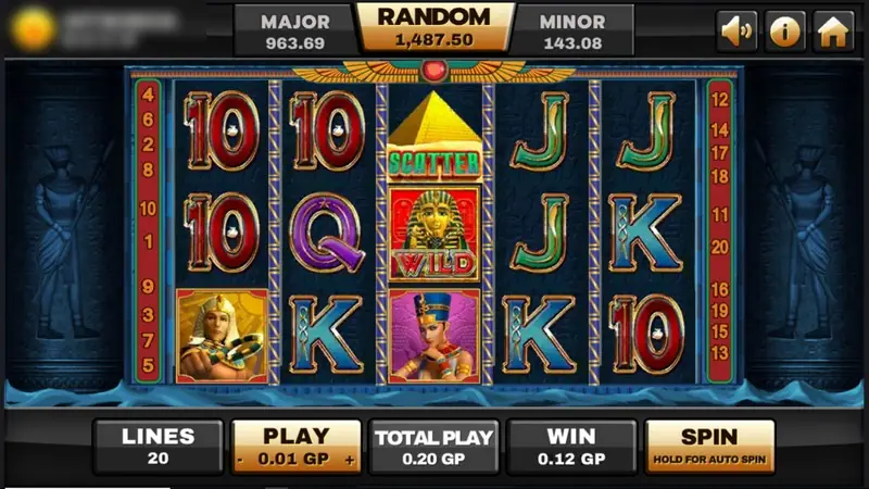 Ancient Egypt reels with a gold pyramid Scatter on reel 3 above a WILD pharaoh, stone card letters around them, bet 0.01 GP