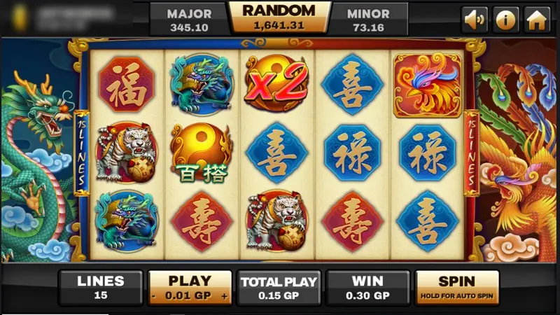 Archer reels with a red x2 symbol on reel 3, a phoenix tile on reel 5, a white tiger on reel 1 and blue 喜 tiles, win 0.30 GP