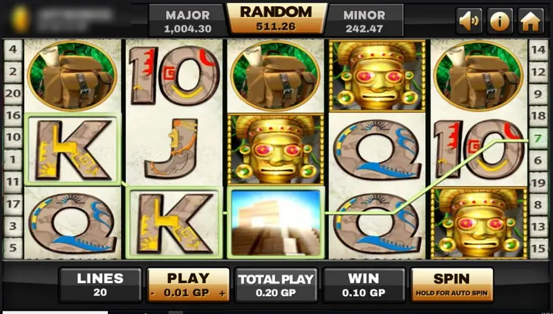 Azteca on Joker123: golden Aztec idols stacked on reels 3 and 5, a step pyramid, a backpack and stone-carved K and Q symbols, 20 lines