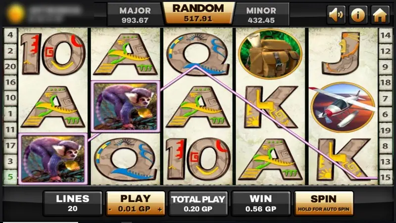 Azteca line win with two monkey symbols on reels 1 and 2 outlined in purple and a line drawn to a seaplane on reel 5, win 0.56 GP