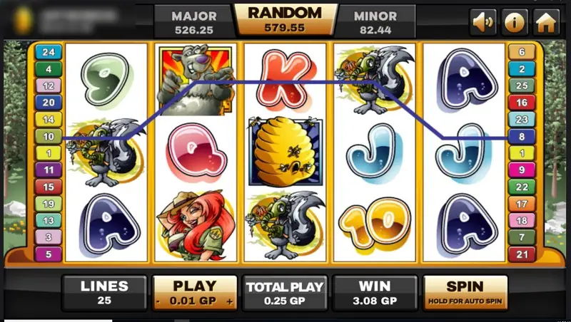 Bonus Bears on Joker123: a grey bear, a beehive, a girl in a red hood and a skunk on white reels with a purple winning line, 25 lines