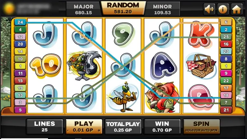 Bonus Bears with several paylines drawn in blue and green across the reels, the girl in red on reel 4, win 0.70 GP