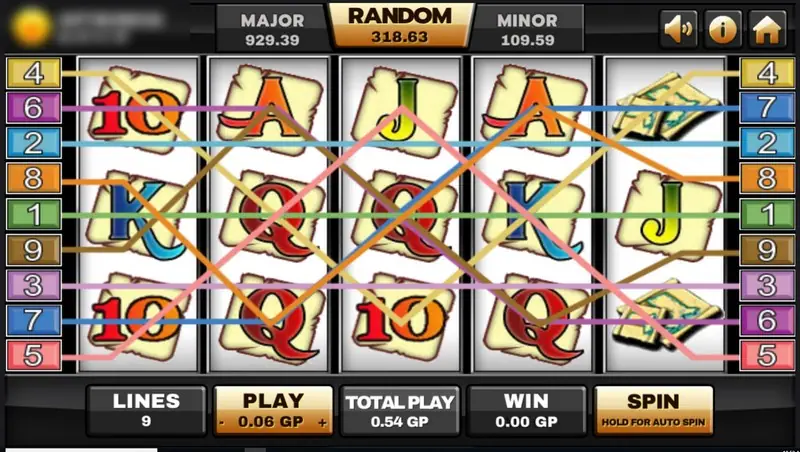 Captain Treasure on Joker123 with all 9 coloured paylines drawn over parchment symbols: cards, banknotes and a ship's wheel