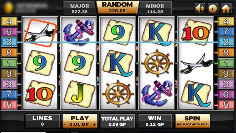 Captain Treasure line win across the middle row with a cutlass on reel 1, anchors and a ship's wheel, bet 0.01 GP, win 0.12 GP
