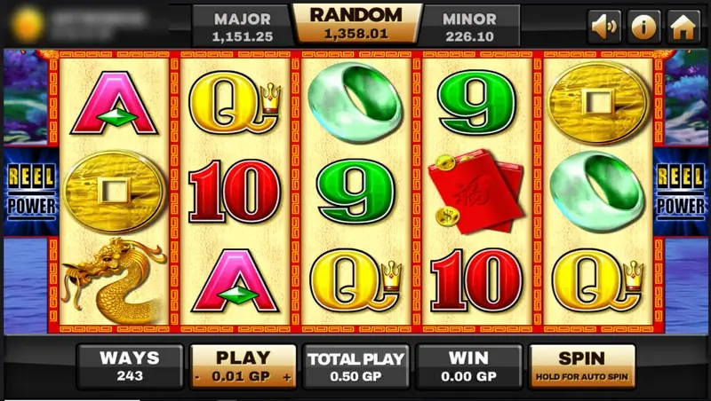 Choy Sun Doa on Joker123: cream reels with a gold dragon, jade, a red packet, gold coins and card symbols, REEL POWER panels either side, 243 ways