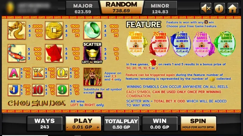Choy Sun Doa paytable with dragon, coin, jade and koi values on the left, the gold ingot Scatter, the Choy Sun wild, and five free-game choices on the right