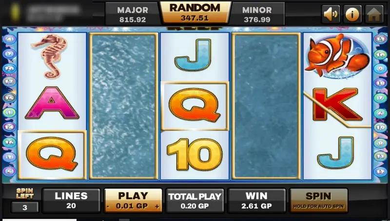 Dolphin Reef free games with reels 2 and 4 turned into rippling water, a seahorse and clownfish on the outer reels, 3 spins left and 2.61 GP win