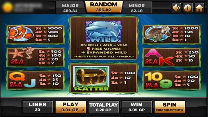 Dolphin Reef paytable: dolphin WILD in the centre, clownfish, turtle, starfish and seahorse values, and a treasure-chest SCATTER below