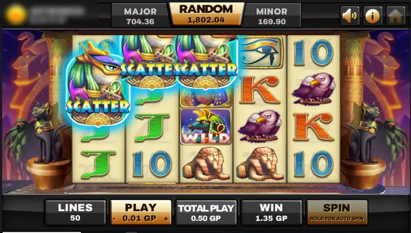 Egypt Queen reels with three stacked queen Scatters glowing in blue on reels 1 to 3 and a WILD Anubis on reel 3, win 1.35 GP