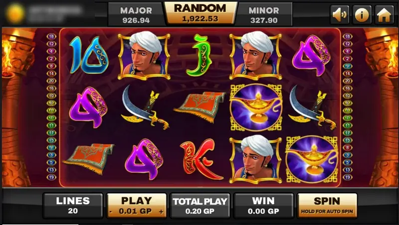 Genie slot on Joker123 with a turbaned hero, curved swords, a flying carpet, magic lamps and ornate letter symbols on a red palace background