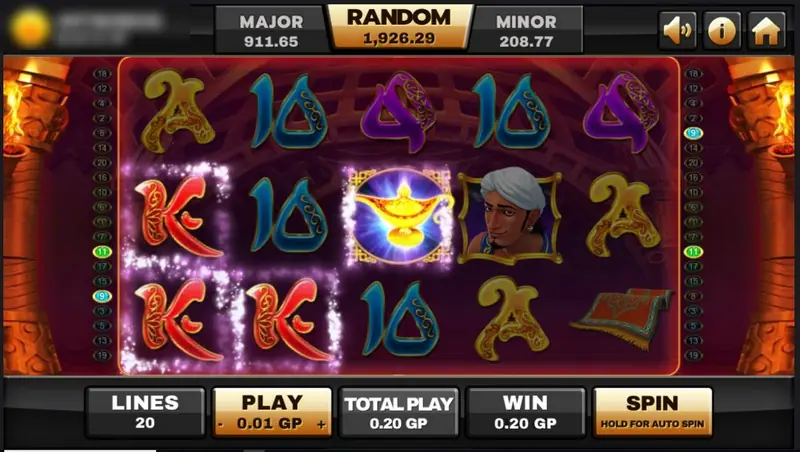 Genie reels with a lamp in the middle and a glowing row of K and 10 symbols forming a line win of 0.20 GP