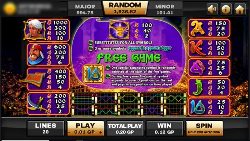 Genie paytable with symbol values on both sides, the lamp rules in the middle, the FREE GAME explanation and 20 line diagrams