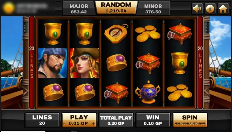 Golden Island reels with two pirate portraits on reel 1 and 2, gold cups and treasure chests, bet 0.01 GP