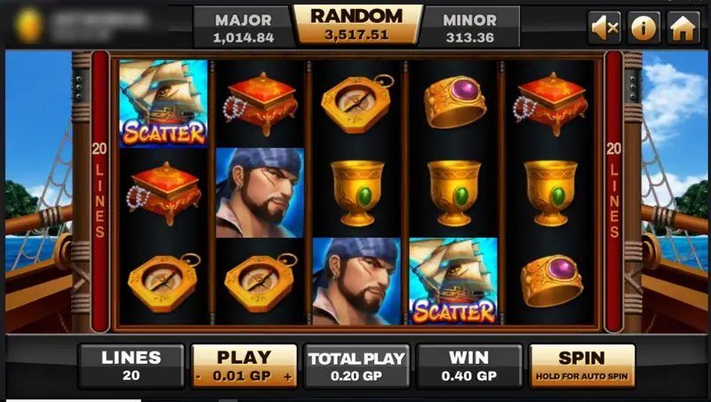 Golden Island mid-spin with two ship Scatters on reels 1 and 4 and a pirate on reel 2, win showing 0.40 GP
