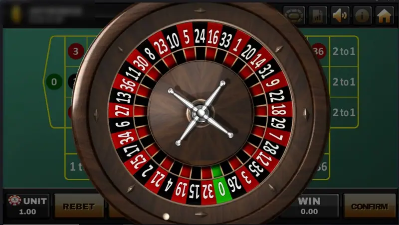 Lucky Roulette on Joker123: a wooden single-zero roulette wheel spinning over the green betting table, with REBET and CONFIRM buttons below