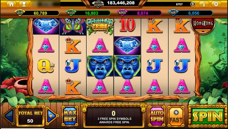 Gorillas Tribe idle screen with six jungle reels, two blue gorilla faces in the middle, pink A symbols and GRAND, MAJOR, MINOR, MINI bars above