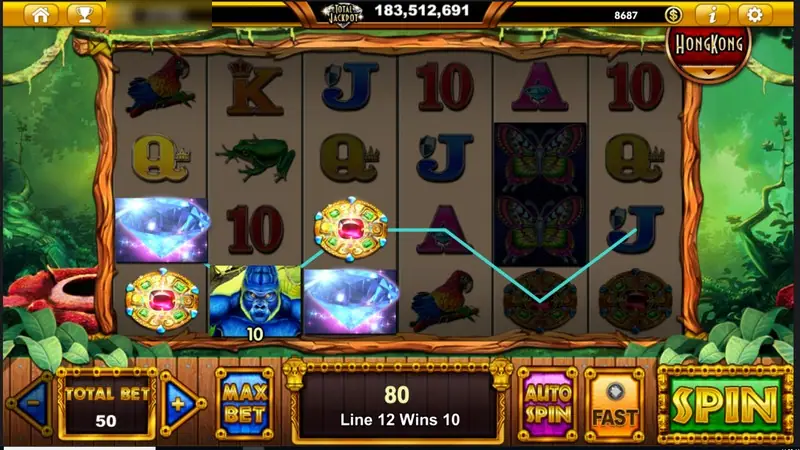 Gorillas Tribe win on line 12 paying 10, with blue diamonds and a gorilla face on the lower rows