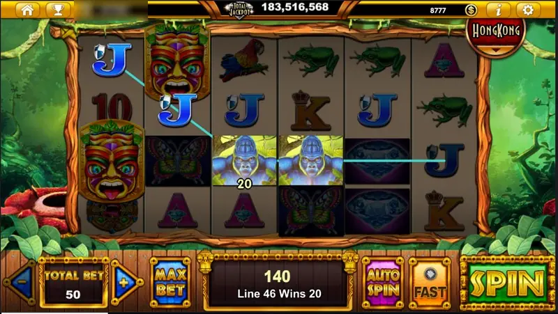 Two tiki mask symbols on reel one and a silver gorilla on reel four, win box showing 140 from line 46
