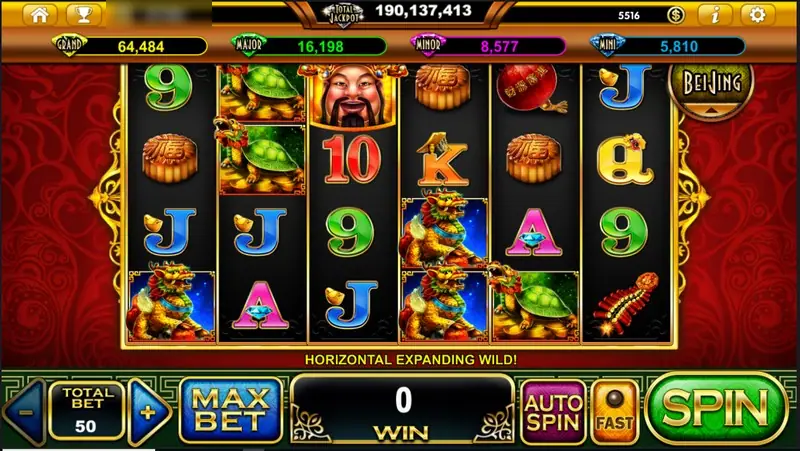 Great Abundance reels on a red background with the God of Wealth at the top of reel three, golden turtles, mooncakes and a HORIZONTAL EXPANDING WILD message