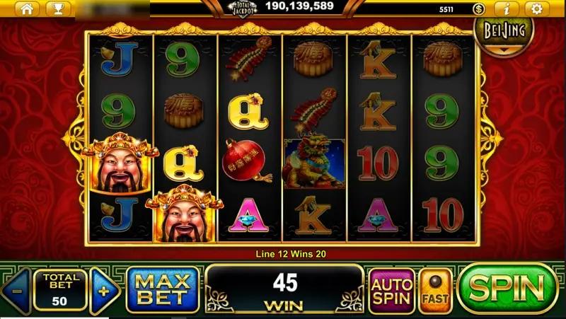 Two God of Wealth symbols on reels one and two pay 20 on line 12, total win 45 on a 50 bet