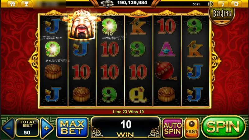 The God of Wealth highlighted at the top of reel two with a 10 win on line 23
