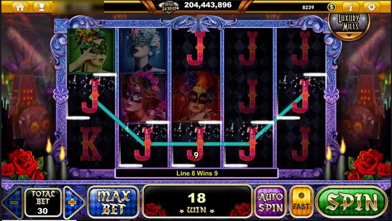 A row of red J symbols linked by a blue line for 9 on line 8, win box 18, total bet 30