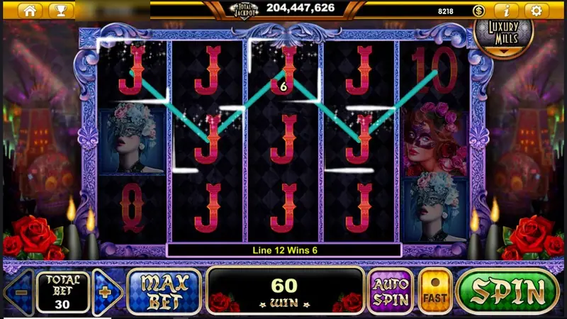 J symbols across the middle of all five reels, win box showing 60 with line 12 paying 6