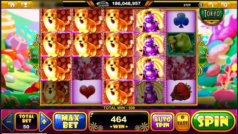 Gummy Wonderland on Live22 with gummy corgis stacked across reels 1 to 3, a purple crowned bear on reel 4, 50 LINES markers and a win of 464 counting towards 500