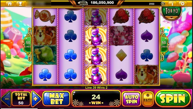A small win of 2 on line 39 with a gummy dog and crowned bears scattered over card suits