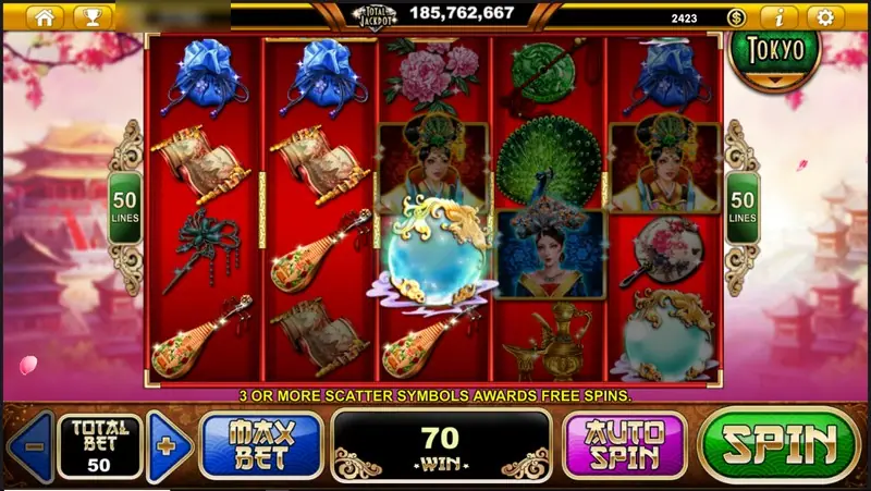A pearl orb and a portrait symbol landing on reel three, message bar about scatter free spins, win 70