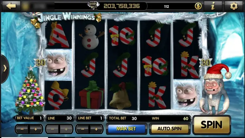 Yeti face symbols on reels one and five with candy-cane letters, total bet 30 and a win of 60