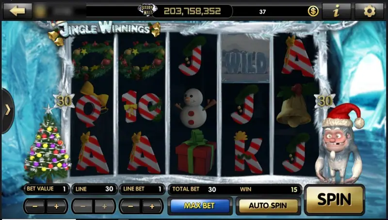 Two WILD blocks frozen in ice on reel four with wreaths, a bell and a present, win 15