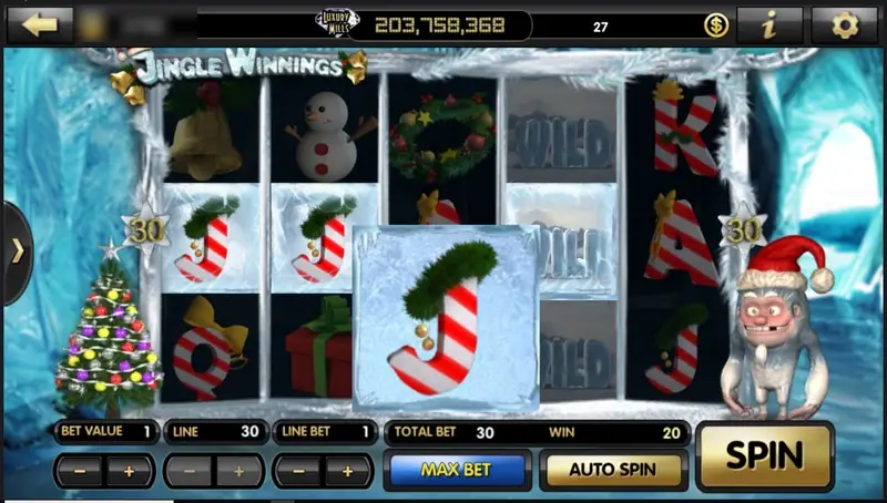 A candy-cane J enlarged in the middle of the screen while two frozen WILD blocks sit on reel four, win 20