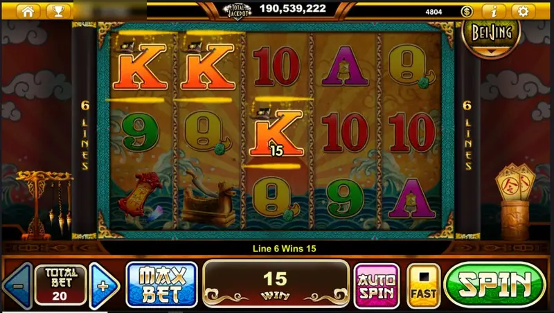 Three orange K symbols joined on line 6 for a win of 15, with the side tabs lit at 6 LINES