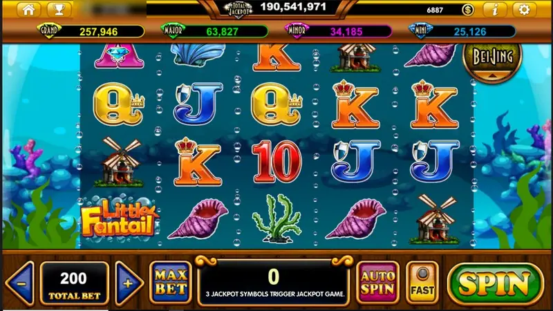 Little Fantail idle screen with card symbols, conch shells, windmills and the Little Fantail logo, total bet 200 and a jackpot message