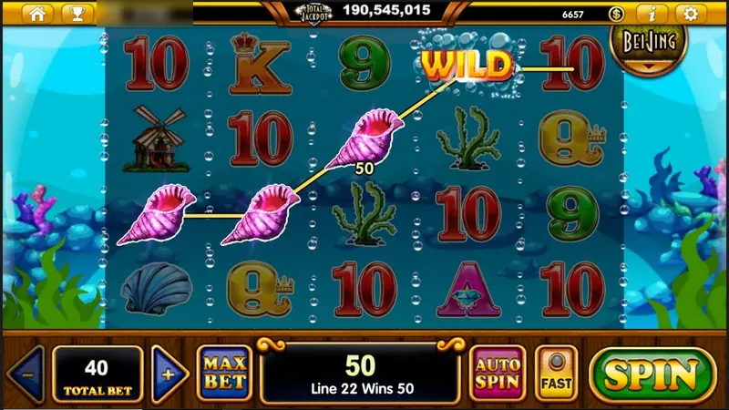 Little Fantail reels in a fish tank with three pink conch shells and a bubbling WILD joined on line 22 for a win of 50, total bet 40