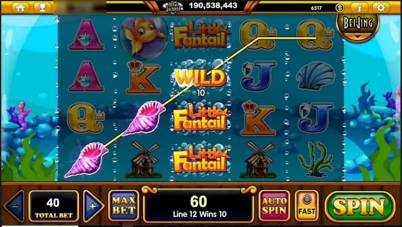 Conch shells and the WILD linked for 10 on line 12, with the Little Fantail logo stacked on reel four, total win 60