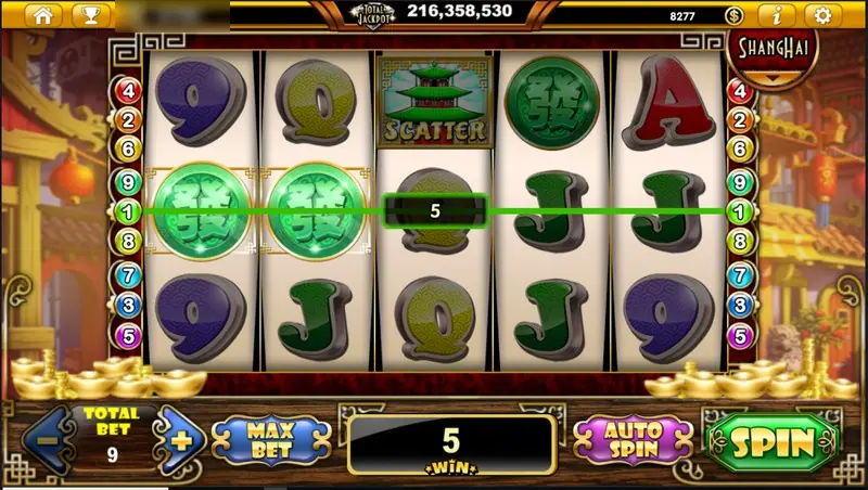 Two jade coins on reels one and two linked by a green line, win 5, total bet 9