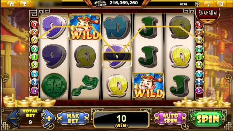 The fortune-boy WILD on reel two and reel four linking a line of purple 9s, win 10