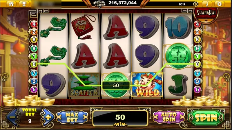 A SCATTER, a jade coin and a WILD lined up across the bottom, win box showing 50