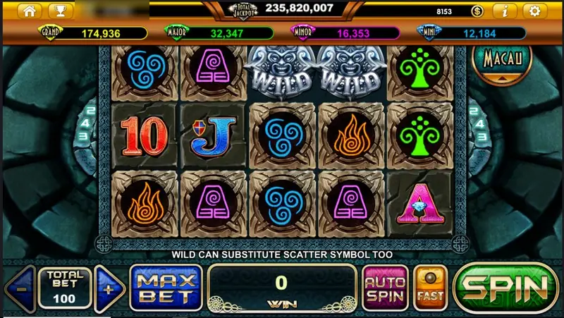 Mayan Element Of Life idle screen with two silver WILD masks at the top and the message about wilds substituting scatters
