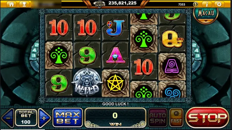 Reels spinning with a WILD mask landing on reel two and the message GOOD LUCK, STOP button lit
