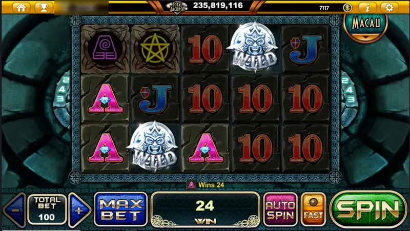 A lone WILD on reel four and another on reel two with pink A symbols, win 24