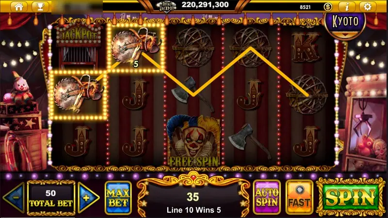 Two saw-blade symbols joined on line 10 for 5, a clown FREE SPIN symbol on reel three, win box 35