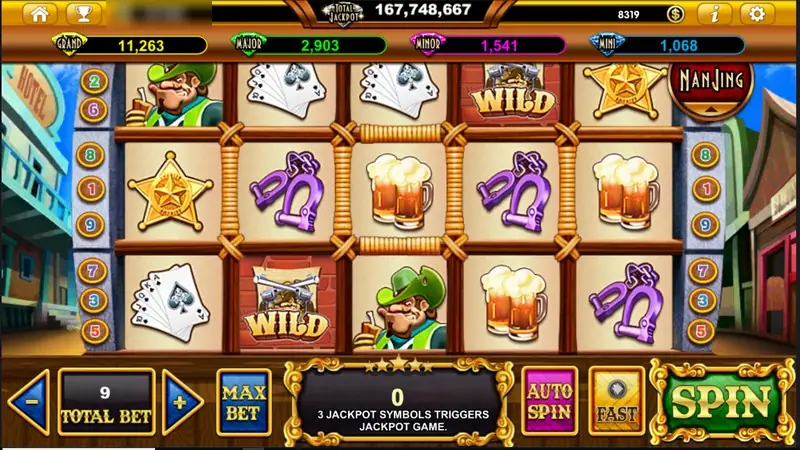 Money Bang Bang reels framed in rope with sheriff badges, purple handcuffs, beer mugs, a crossed-pistol WILD poster and a cartoon sheriff, lines 1 to 9 on both sides