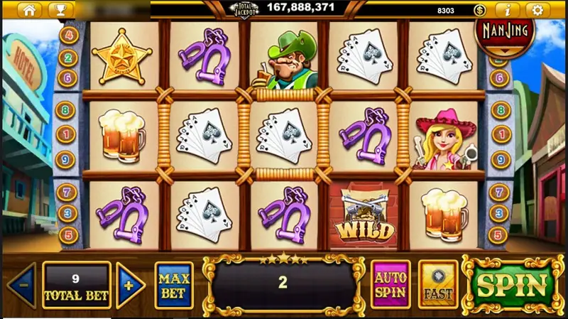 Money Bang Bang spin with handcuffs, cards, a WILD poster and a cowgirl, win box showing 2