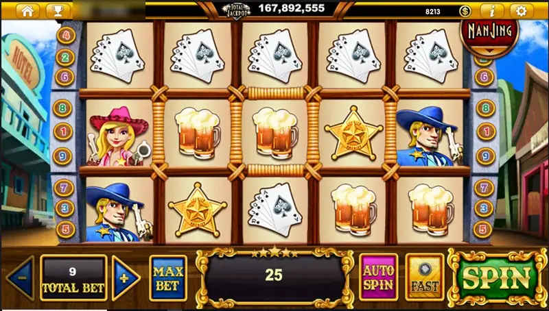Beer mugs lined up across the middle row with the cowgirl and blue-hat cowboy on the outer reels, win 25