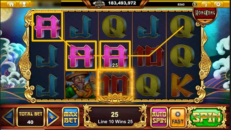 Three pink A symbols joined in a diagonal on line 10 paying 25, with the fisherman on reel two