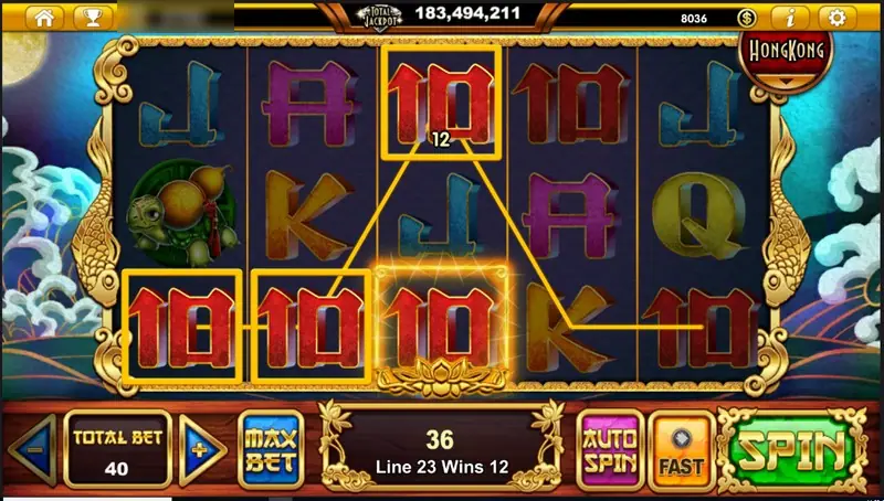 Red 10 symbols lined across the bottom and top rows, line 23 paying 12, total 36